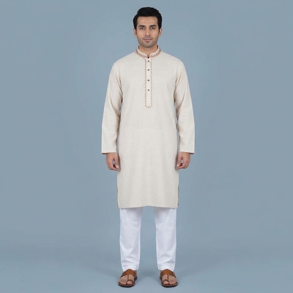 Junaid Jamshed J. Men Kurta Tunic Shirt Medium Beige Embroidered EUC
